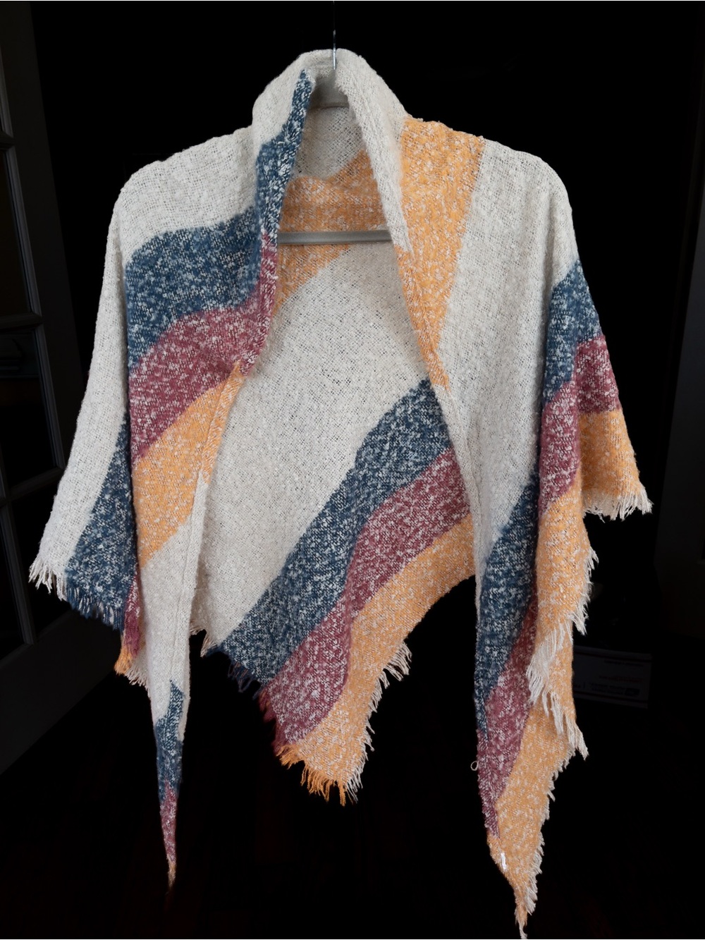 Women’s Boho Blanket Poncho Wrap Cream Blue Mustard Rust Fringe Shawl